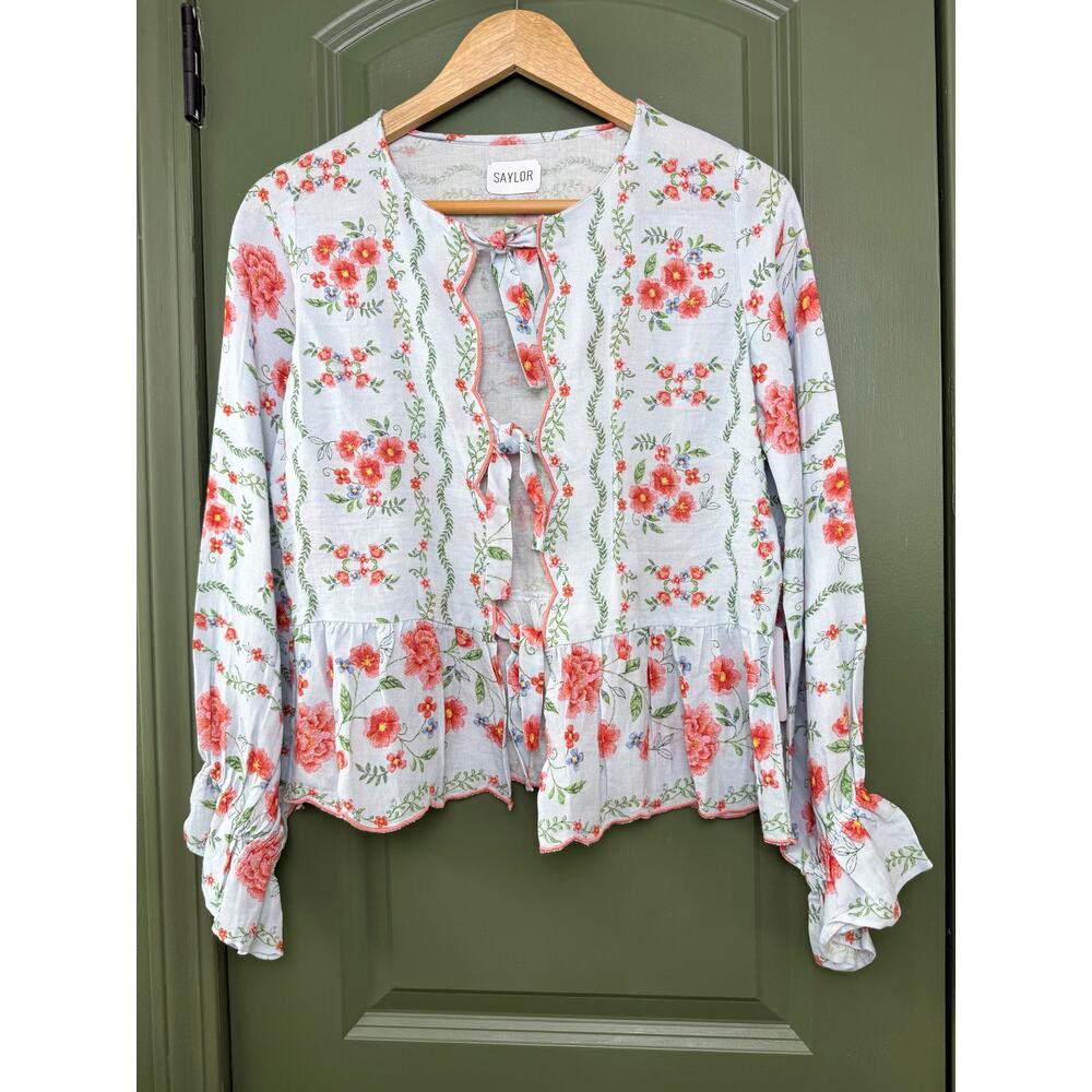 NWT Saylor Olga Linear Stripe Floral Print Top Blouse Resort Blue Coral Small